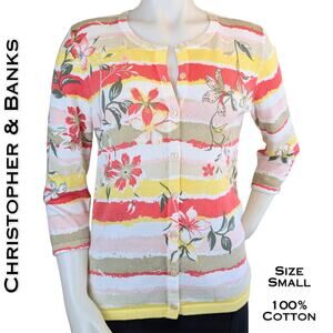 Christopher & Banks Cardigan Small Multicolor Floral Striped 3/4 Sleeve Cotton
